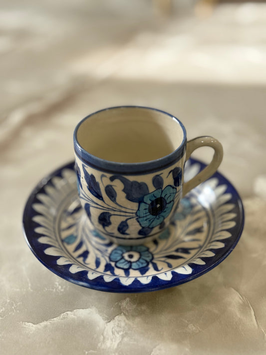 Handmade Blue Pottery Tea Cup with Saucer