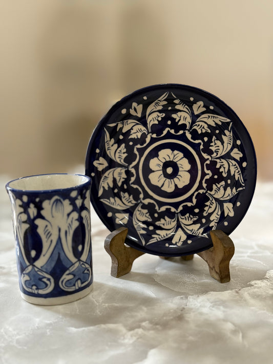 Handmade Blue Pottery Tea cup plus plate